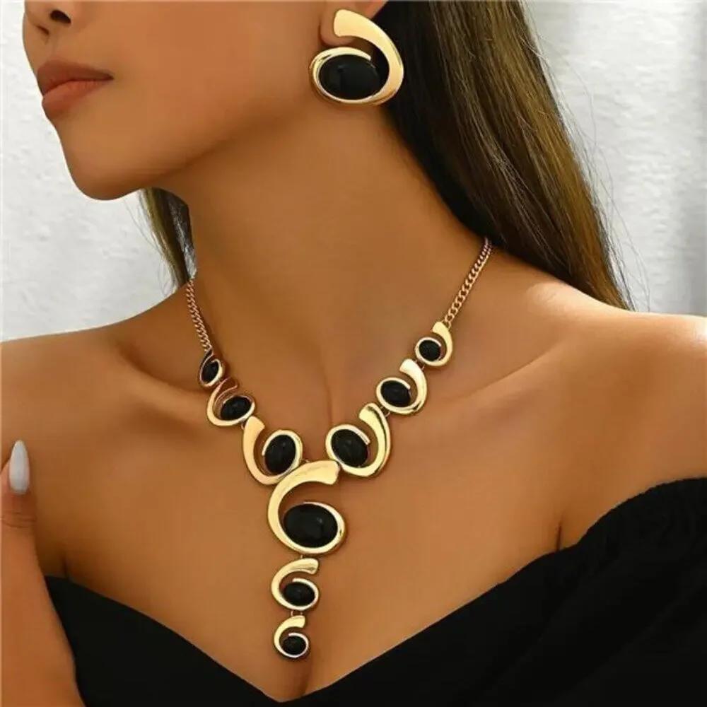 Golden Jewelry Set Kleo Black Boho Western Double Layered Chunky Vintage choker